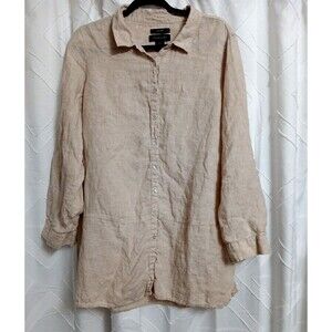 Tahari Oversized Tunic 100% Linen Sz 1X Tan Long roll up Sleeve button front